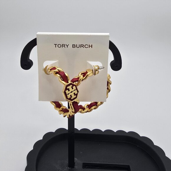 Runway Chain Ear Cuff: Women Tory Burch Marion Red Woven Leather & Gold Chain Hoop Earrings - NWOT